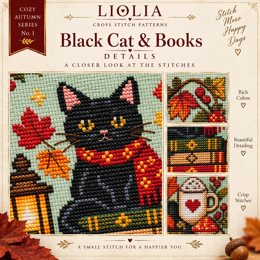 Black Cat & Books Cross Stitch Pattern PDF