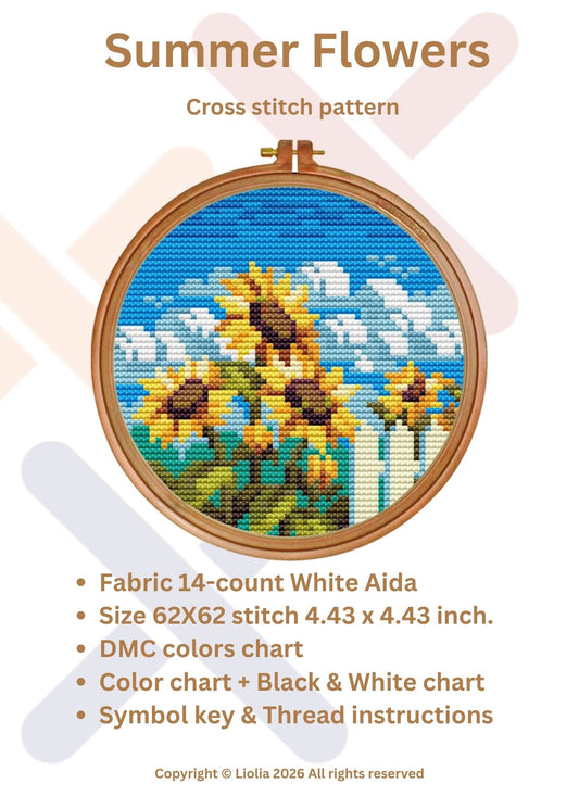 Sunflower Sky Cross-Stitch Pattern - Circular Floral Design PDF Download