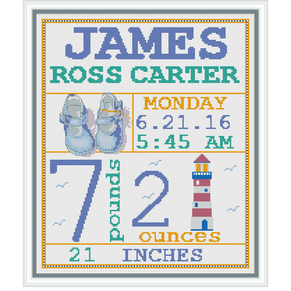 Birth announcement modern cross stitch pattern, baby, personalized, boy girl nursery decor, counted, chart, gift DIY, digital PDF