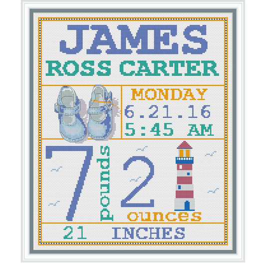 Birth announcement modern cross stitch pattern, baby, personalized, boy girl nursery decor, counted, chart, gift DIY, digital PDF