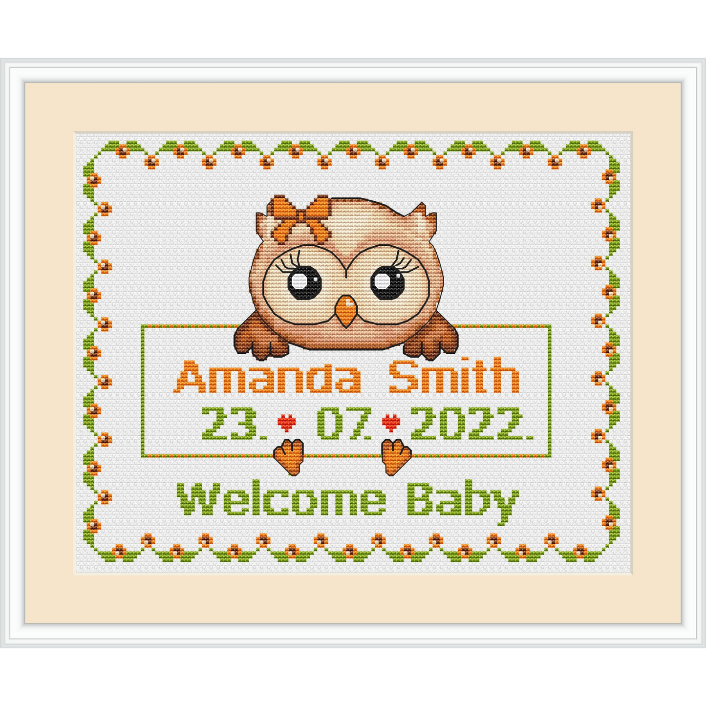 Owl Cross Stitch Pattern PDF - Baby Birth Announcement Sampler - Instant Download