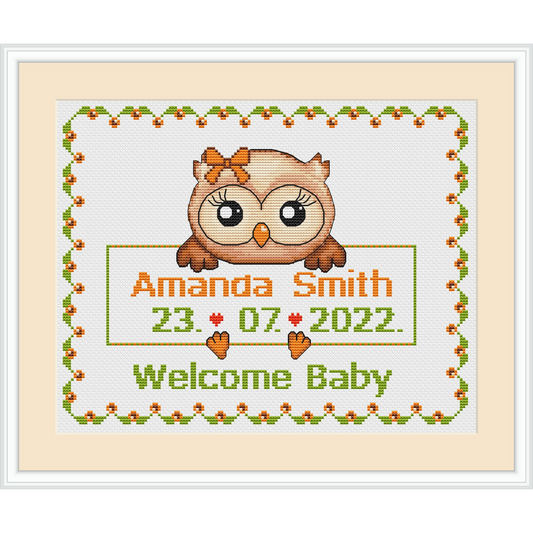 Owl Cross Stitch Pattern PDF - Baby Birth Announcement Sampler - Instant Download