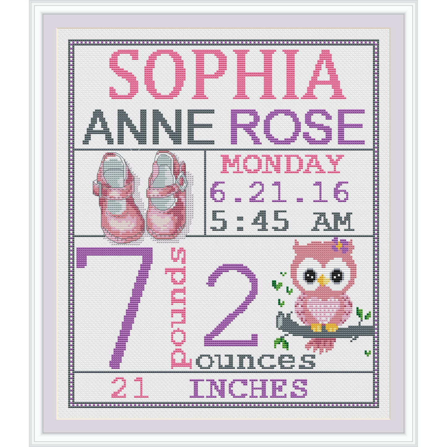 Birth announcement modern cross stitch pattern, baby, personalized, boy girl nursery decor, counted, chart, gift DIY, digital PDF