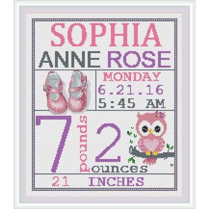Birth announcement modern cross stitch pattern, baby, personalized, boy girl nursery decor, counted, chart, gift DIY, digital PDF
