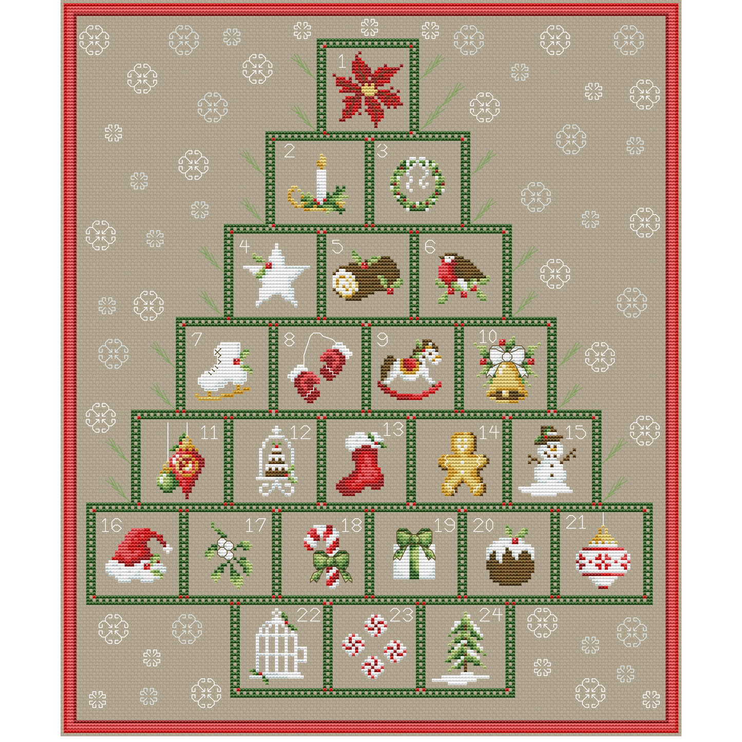 Christmas Tree Advent Calendar cross stitch, Merry Christmas sampler, Winter Advent Sampler pdf, Winter Cross Stitch pattern
