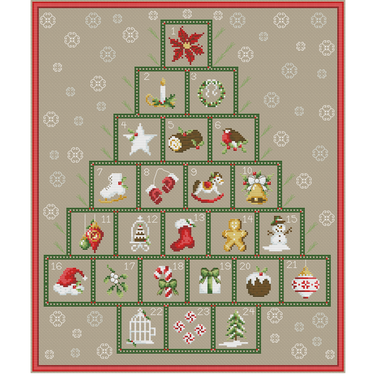 Christmas Tree Advent Calendar cross stitch, Merry Christmas sampler, Winter Advent Sampler pdf, Winter Cross Stitch pattern