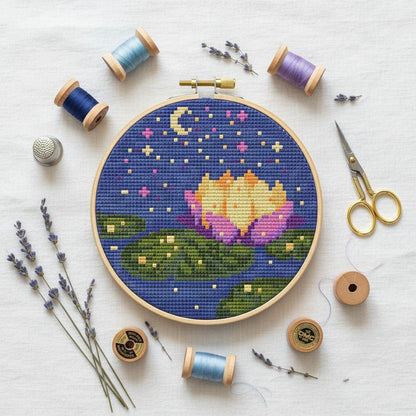 Midnight Lotus Cross Stitch Pattern — PDF Instant Download