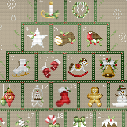 Christmas Tree Advent Calendar cross stitch, Merry Christmas sampler, Winter Advent Sampler pdf, Winter Cross Stitch pattern