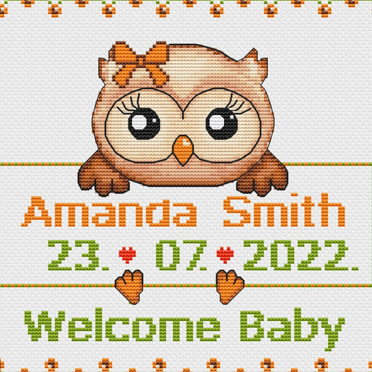 Owl Cross Stitch Pattern PDF - Baby Birth Announcement Sampler - Instant Download