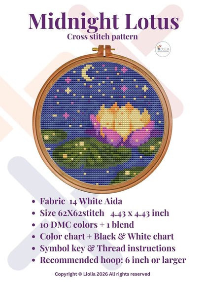 Midnight Lotus Cross Stitch Pattern — PDF Instant Download