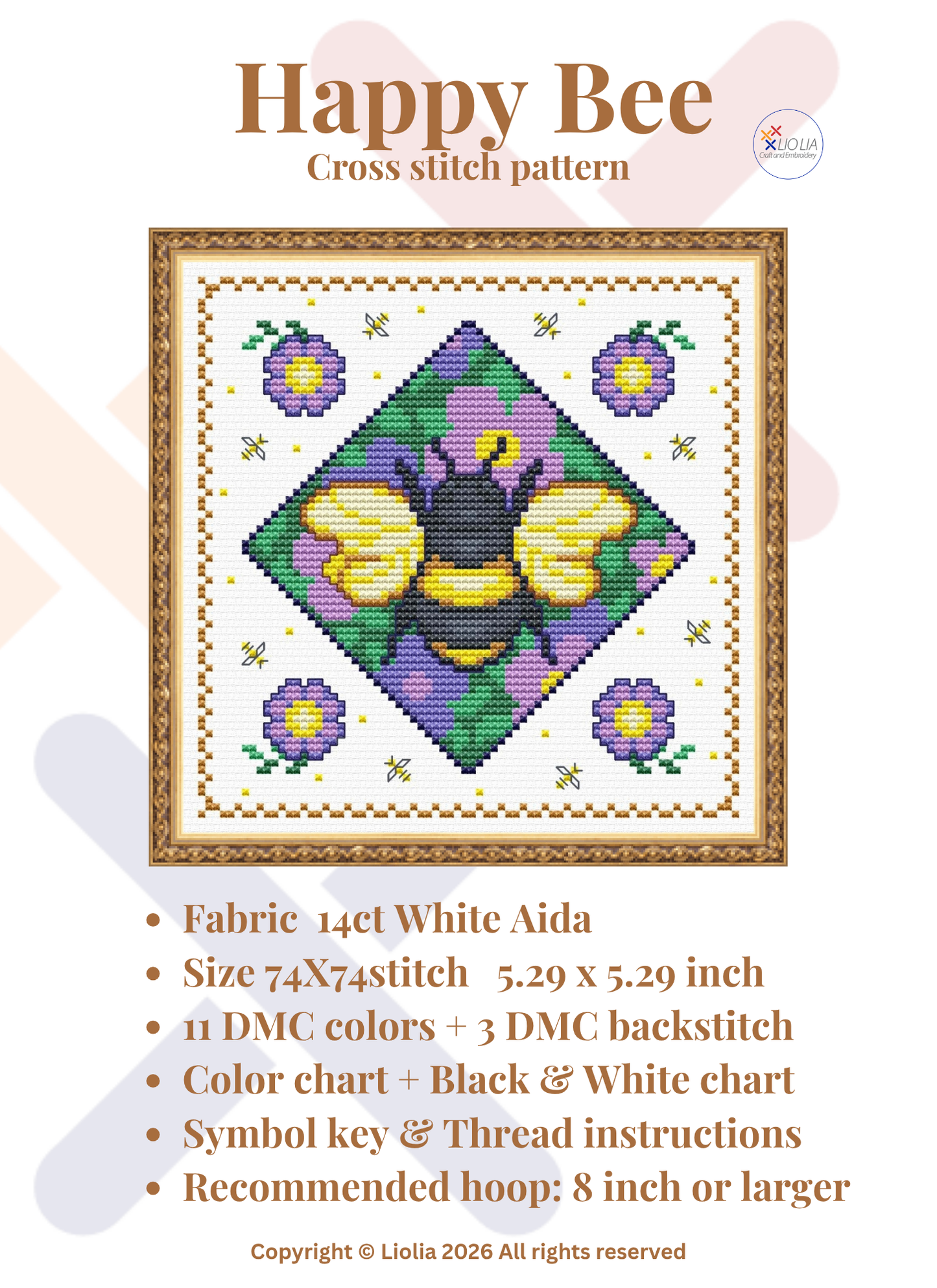 Happy Bee Cross Stitch Pattern — PDF Instant Download
