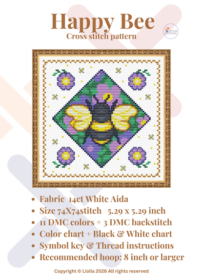 Happy Bee Cross Stitch Pattern — PDF Instant Download