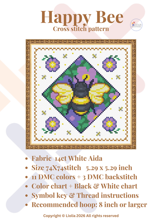 Happy Bee Cross Stitch Pattern — PDF Instant Download