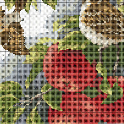 Apple  and birds Counted cross stitch pdf pattern | Country birds Digital cross stitch chart | hand embroidery bird