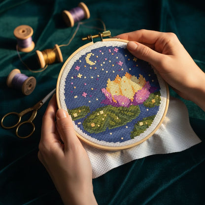 Midnight Lotus Cross Stitch Pattern — PDF Instant Download