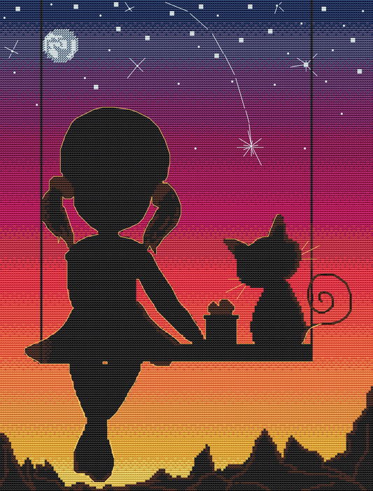 Girl & Cat Sunset Cross Stitch Pattern