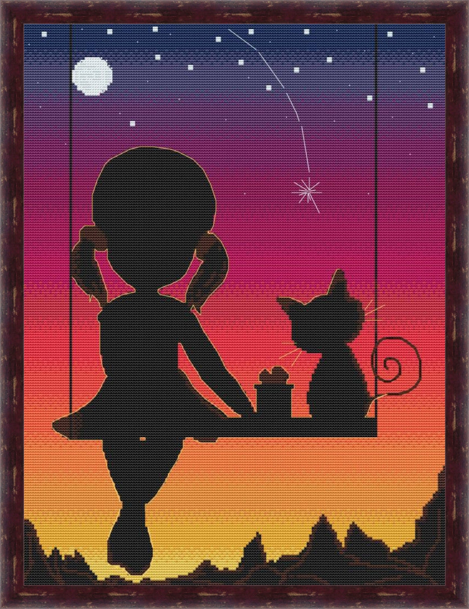 Girl & Cat Sunset Cross Stitch Pattern