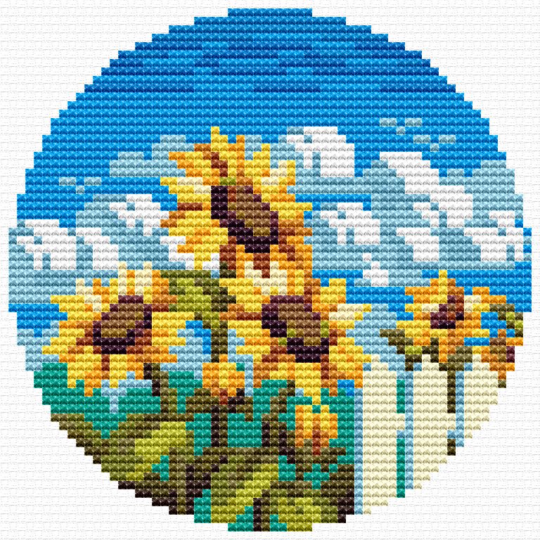 Sunflower Sky Cross-Stitch Pattern - Circular Floral Design PDF Download
