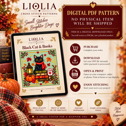 Black Cat & Books Cross Stitch Pattern PDF