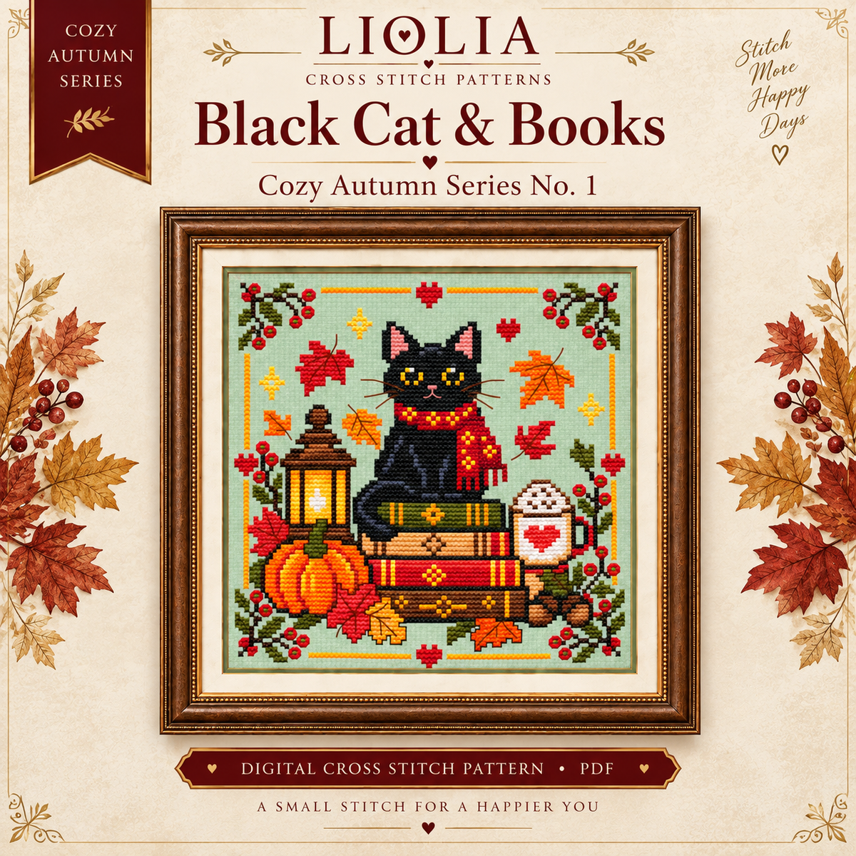 Black Cat & Books Cross Stitch Pattern PDF