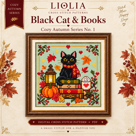 Black Cat & Books Cross Stitch Pattern PDF