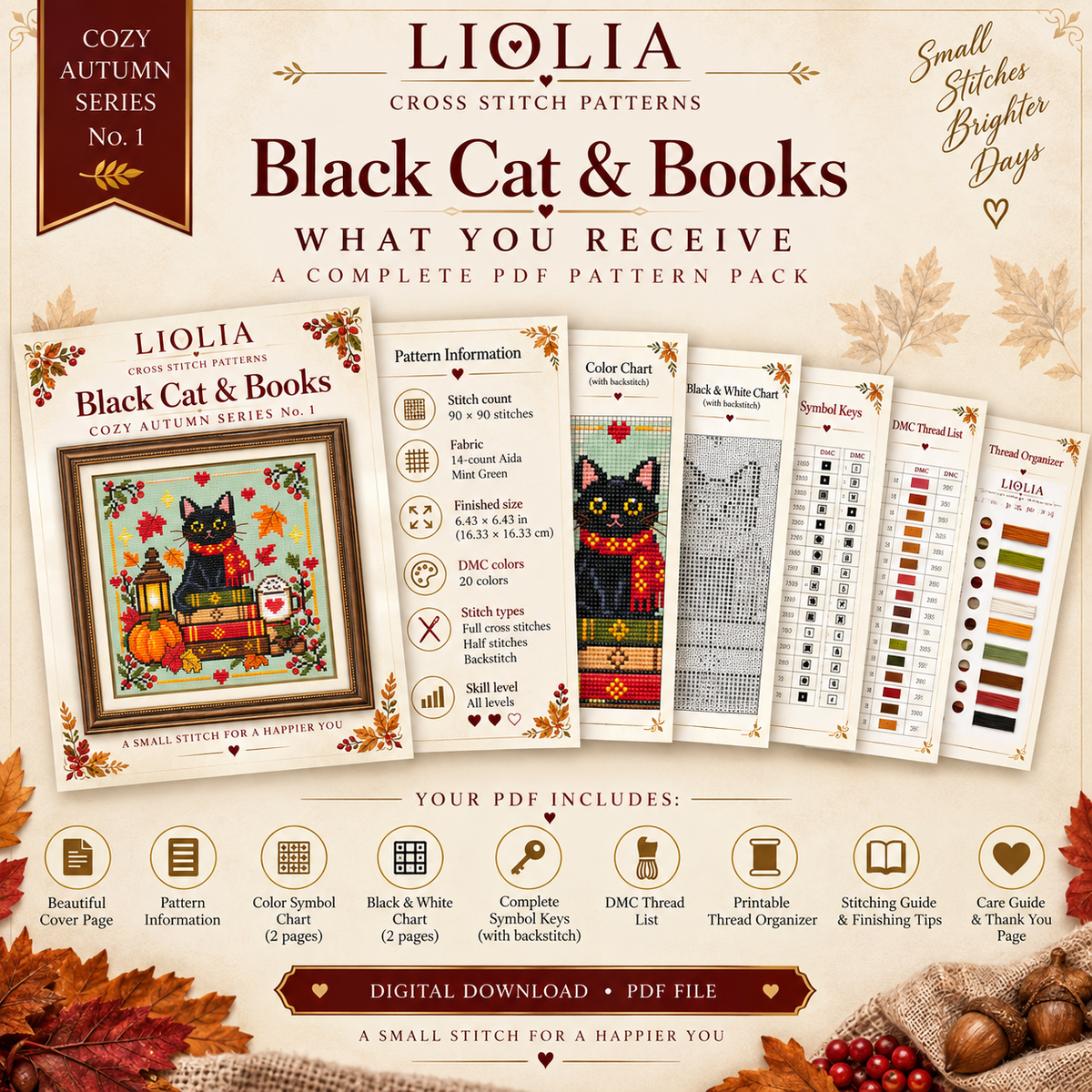 Black Cat & Books Cross Stitch Pattern PDF