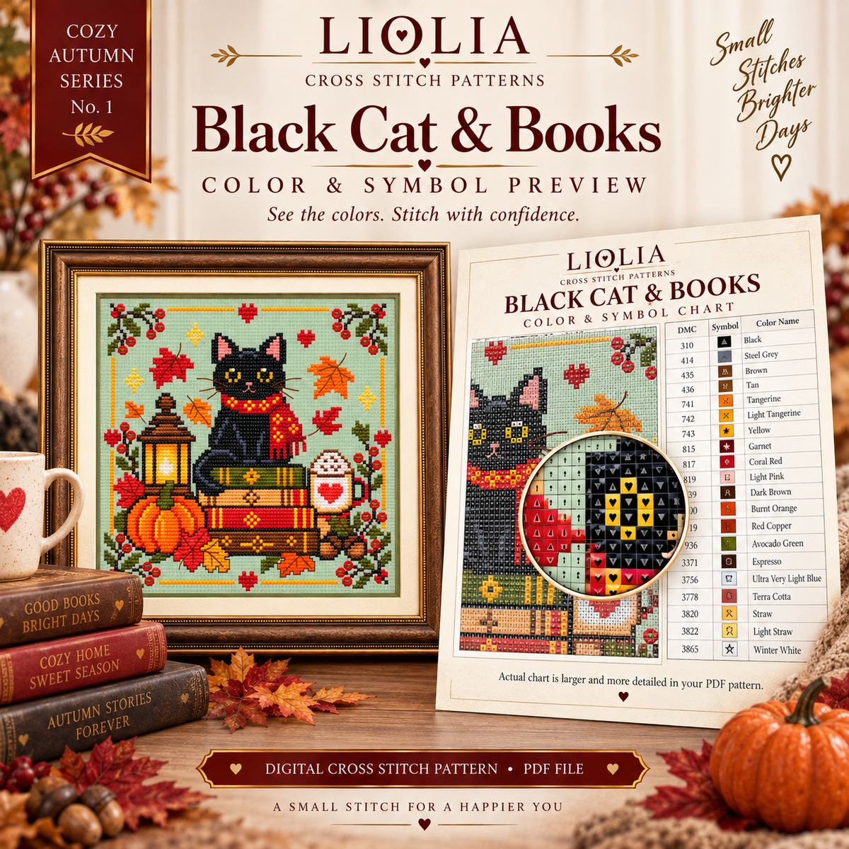 Black Cat & Books Cross Stitch Pattern PDF