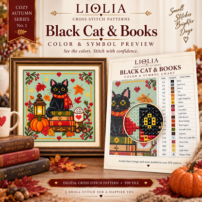 Black Cat & Books Cross Stitch Pattern PDF