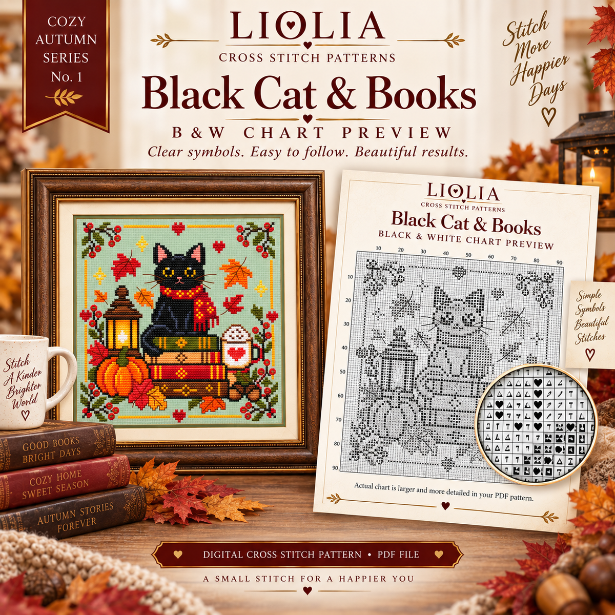 Black Cat & Books Cross Stitch Pattern PDF