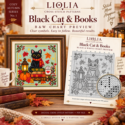 Black Cat & Books Cross Stitch Pattern PDF