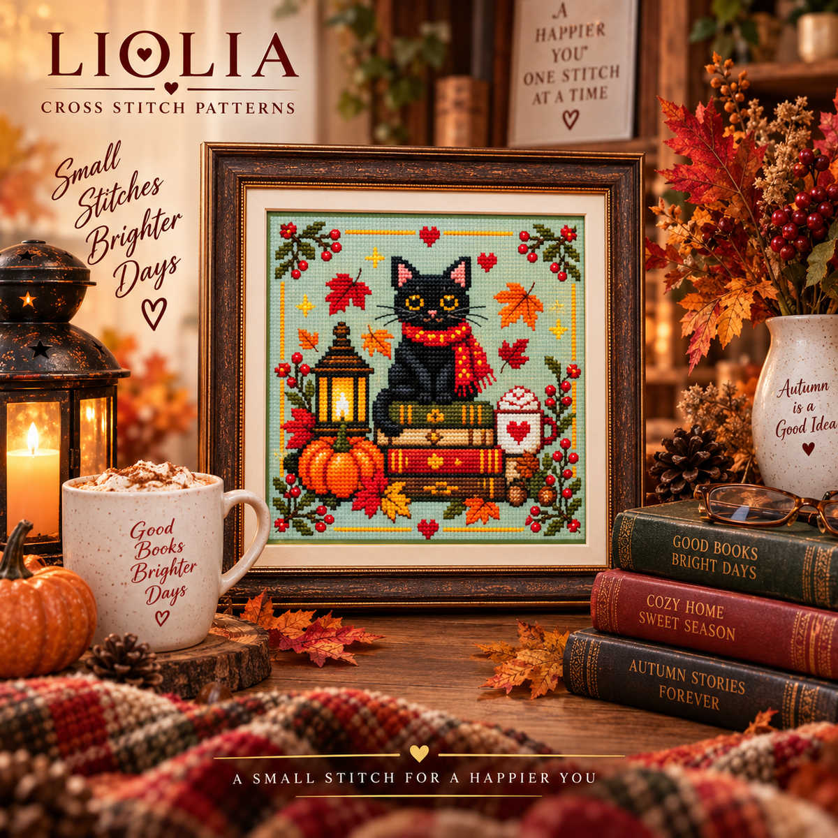 Black Cat & Books Cross Stitch Pattern PDF