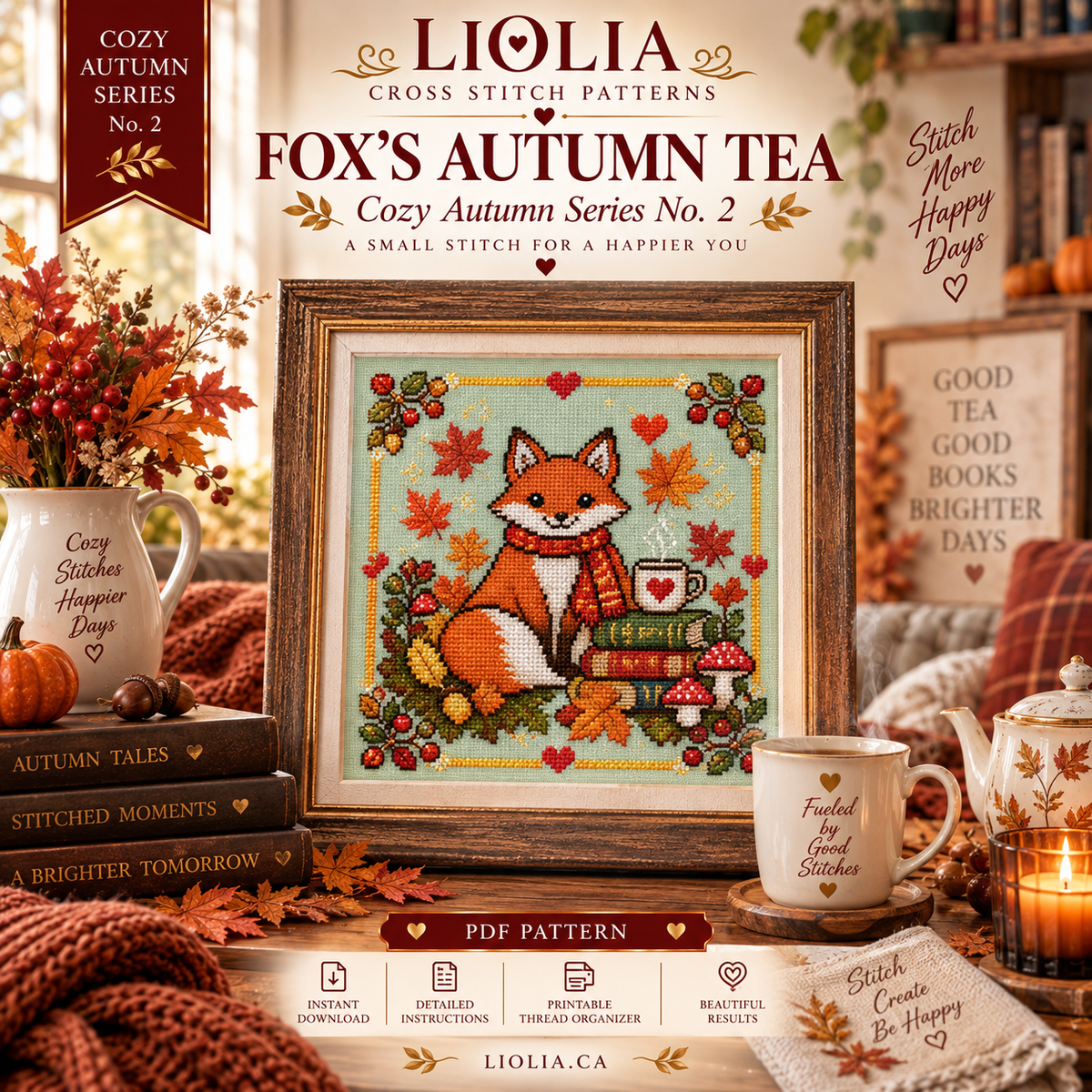 Fox’s Autumn Tea Cross Stitch Pattern PDF