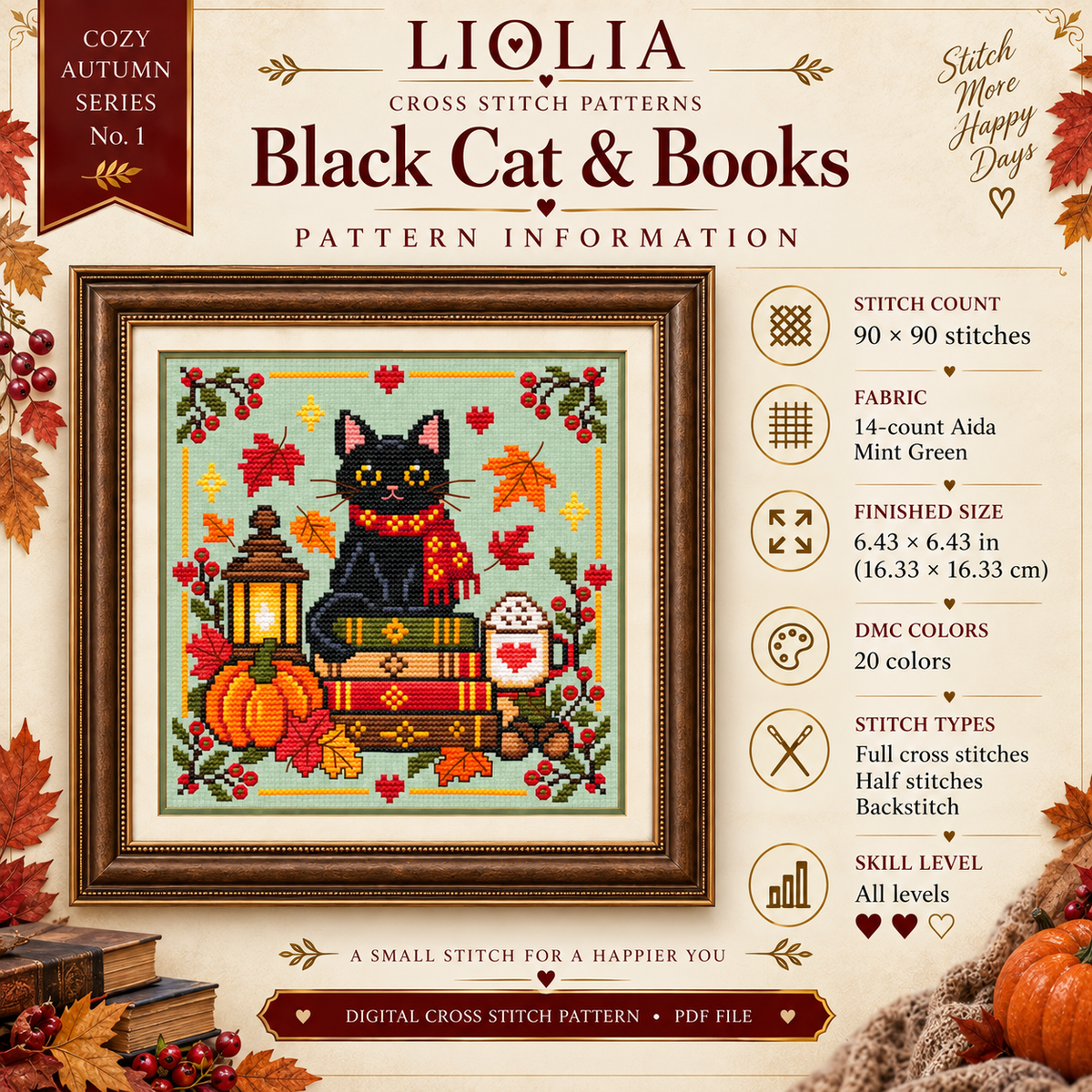 Black Cat & Books Cross Stitch Pattern PDF