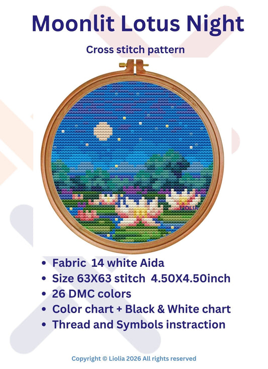 Moonlit Lotus Night – Cross Stitch Pattern PDF